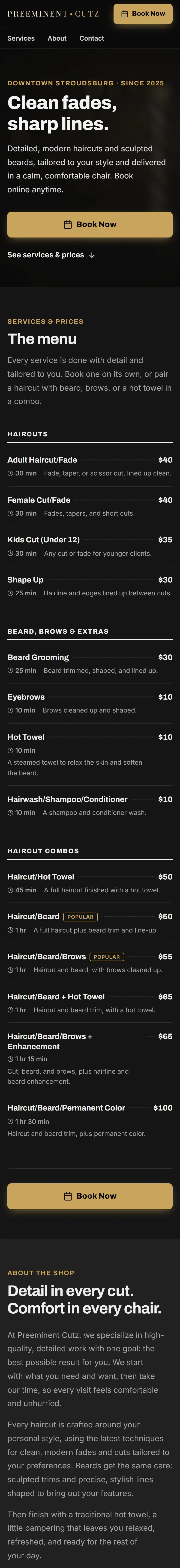 Preeminent Cutz website on a phone